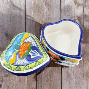 Mexico Talavera Pottery Heart Shaped Trinket Dish Container Jewelry Holder VTG